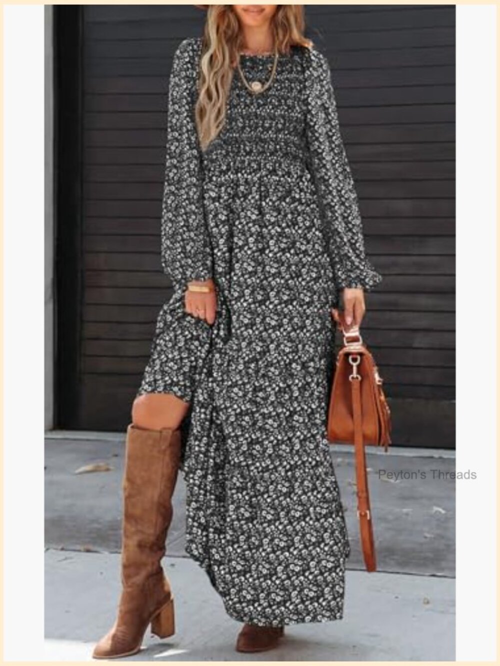 Long Sleeve Flowy Smocked Tiered Maxi Dress with Pockets - Picture 2 of 7